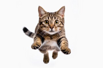 funny cat flying. photo of a playful tabby cat jumping mid-air  on the grass looking at camera. background with copy space