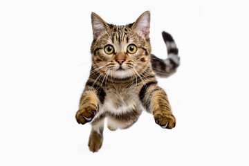 Obraz premium funny cat flying. photo of a playful tabby cat jumping mid-air on the grass looking at camera. background with copy space