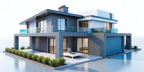 Fototapeta premium Minimalistic Flat Home Representation in Soft Blue and Dark Gray on Crisp White Background for Modern Interior Design Concepts and Visual Aesthetics