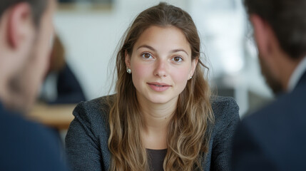 Fototapeta premium Germany business woman talking to colleagues at a meeting or job interview
