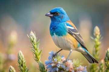 Minimalist Photography of a Lazuli Bunting Singing on Sagebrush Against a Soft Background, Capturing the Essence of Nature's Beauty and Vibrant Colors