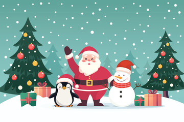 Santa claus with snowman and penguin in snow field with christmas trees