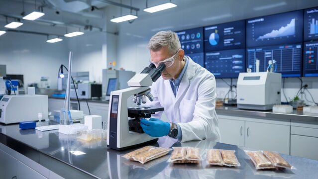 Scientist examines food samples under a microscope in laboratory for quality control and safety research. Science concept