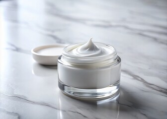Minimalist Product Photography of Luxurious Moisturiser Cream in Elegant Glass Jar on a Stylish White Marble Table for Skincare Advertising and Promotion