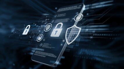 Smartphone showcasing security icons represent data protection, cybersecurity, and privacy in the digital age. Digital security concept