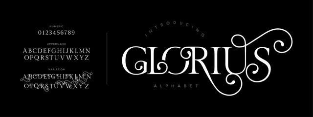 Glorius typography beauty fashion elegant minimalist serif italic fonts decorative wedding vintage retro logos. Minimal luxury font alphabet logo. Vector illustration