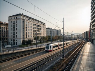 Fototapeta premium Minimalist Train in the City: A Serene View of Urban Transit Amidst Clean Lines and Open Spaces Showcasing the Beauty of Modern Architecture and Design