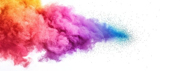 Fototapeta premium A vibrant explosion of colored powder, showcasing a gradient of pink, orange, and blue against a white background.