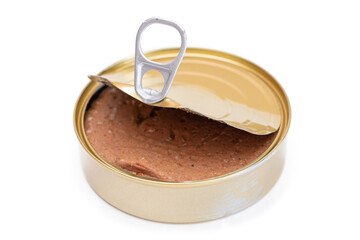 Opened Tin Can with Chicken Liver Pate Isolated on White Background. Open Canned Pate - Isolation