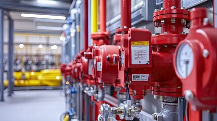 Industrial Pipe System with Red Valves and Pressure Gauges