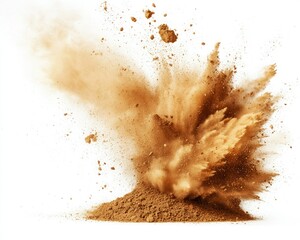 A dynamic explosion of brown dust and particles, creating an energetic visual effect against a clean background.
