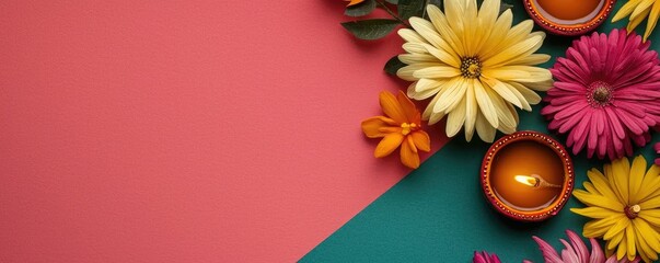 Obraz premium A vibrant arrangement of colorful flowers and decorative oil lamps on a pink and green background, perfect for festive celebrations.