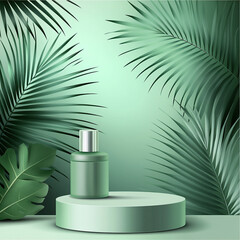 Abstract background with a green podium and palm leaf for product presentation, cosmetic mock-up
