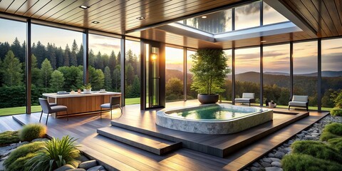 Fototapeta premium Modern High-Tech Spa Featuring a Luxurious Jacuzzi, Sleek Surfaces, and Striking Architecture, Ideal for Relaxation and Wellness Retreats Amidst a Serene Landscape