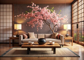 Modern Japanese Living Room Interior Design Featuring a Stylish Sofa, Elegant Coffee Table, and Beautiful Cherry Blossom Accents for a Serene Home Ambiance