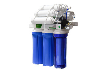 Reverse osmosis water purification system at home. Installed water purification filters. Clear...