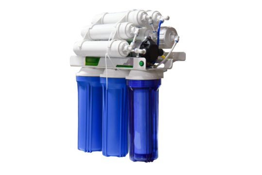 Reverse osmosis water purification system at home. Installed water purification filters. Clear water concept