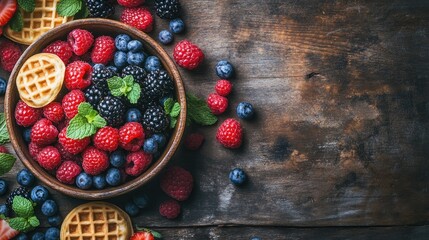 Fresh Berries with Waffles on Wooden Table