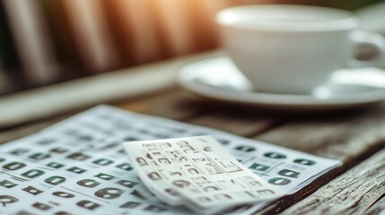 Lottery ticket closeup on a table, symbolizing hope and dreams of a better future, with a glimmer of anticipation and chance.