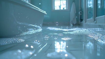 Capturing the Tranquility of a Soaking Bathtub with Bubbles Spread Across the Floor
