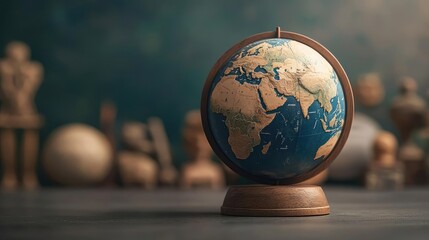 Globe on wooden stand, representing world geography and exploration.