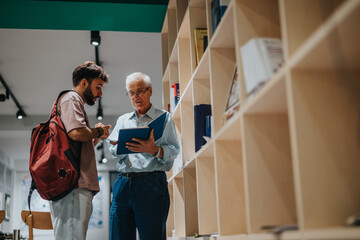 A student and mentor reviewing documents in a contemporary library setting, highlighting collaboration and learning in a supportive environment.