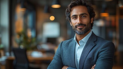 Confident indian man in classic suit poses by modern workspace