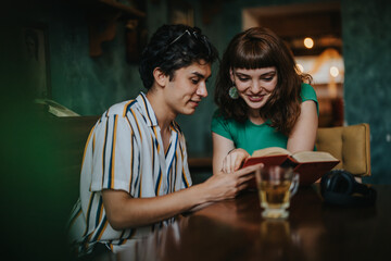 Two friends are seated at a cafe table engaged in reading a book, enjoying a relaxed and cozy atmosphere with drinks.