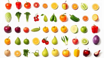 A colorful arrangement of various fruits and vegetables on a white background.