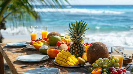 Colorful Tropical Fruit Feast by the Ocean with Delicious Arrangement of Pineapples, Mangoes, Grapes, and Fresh Juices for a Perfect Culinary Escape