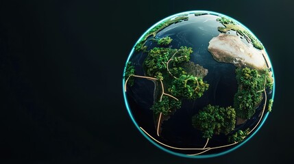 Fototapeta premium A globe showcasing lush greenery and earthy textures, floating on a dark backdrop.