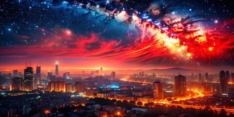 Nighttime Cityscape with a Starry Sky and Glowing Red City Lights Captured in Low Light Photography, Showcasing Urban Beauty and Celestial Wonders