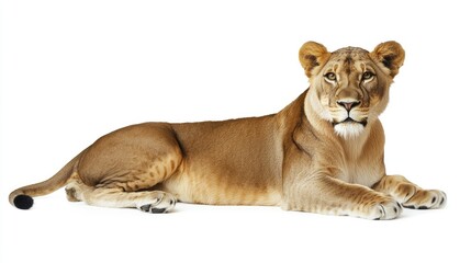 Obraz premium Majestic Lioness Lying Gracefully on White Background