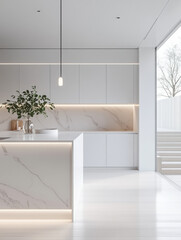 White and clean modern kitchen interior design  white champange and light grey color.