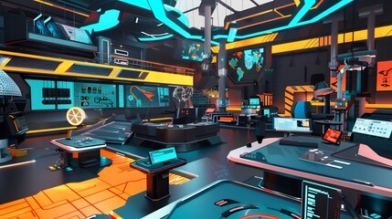 Vibrant 3D animation scene with a focus on game physics 3D modeling arts and virtual reality Include elements of game design and interactive media within a hightech setting