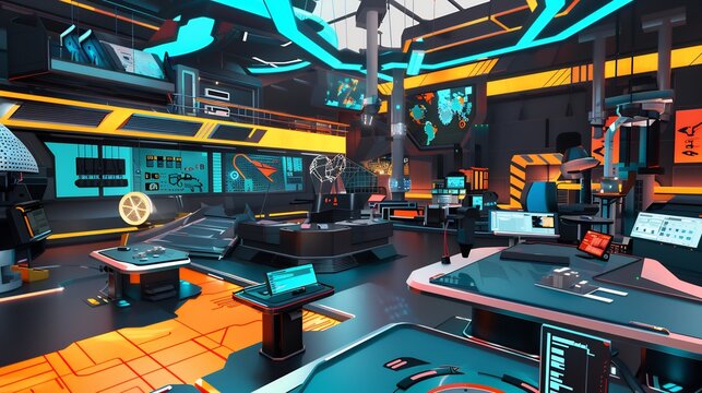 Vibrant 3D animation scene with a focus on game physics 3D modeling arts and virtual reality Include elements of game design and interactive media within a hightech setting
