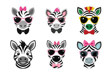 A vector set featuring six stylish zebra characters with sunglasses, bows, and expressive faces, perfect for playful designs