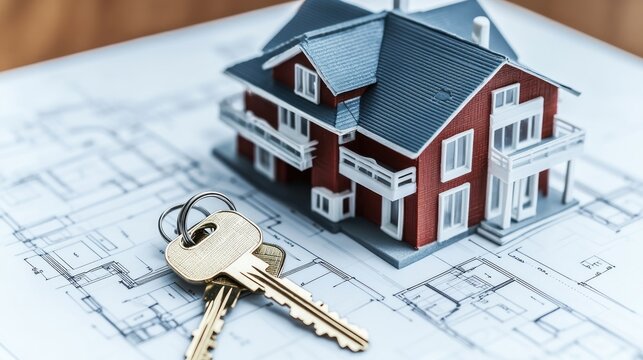 A house model on architectural plans with keys, symbolizing real estate and home ownership.