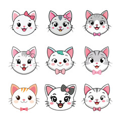A vector set featuring nine adorable cat faces with colorful bows and charming expressions, perfect for playful and sweet designs