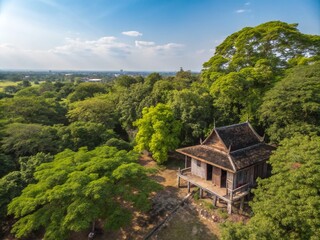 Old Wooden Hut Surrounded by Lush Green Trees Against a Clear Blue Sky at Phu Phra Bat Historical Park in Udonthani, Thailand - A Captivating Urban Exploration Scene