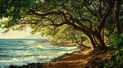 A shoreline where lush trees meet the ocean