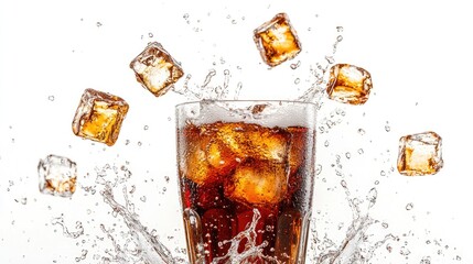 Cola with ice cubes splashing on a white background