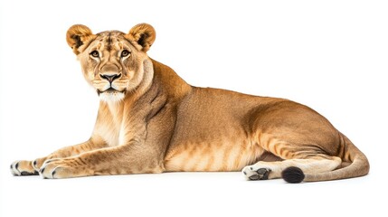 Obraz premium Majestic Lioness Relaxing on White Background