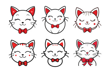 Set of Cute Cartoon Cat Faces with Red Bows - Adorable Vector Illustrations for Kids and Creative Designs