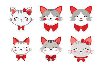 A vector set featuring six cute cat faces adorned with red bows and cheerful expressions, perfect for adorable designs