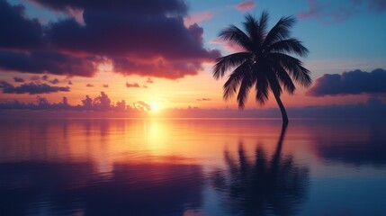 A serene sunset over calm waters with a solitary palm tree, evoking tranquility and beauty.