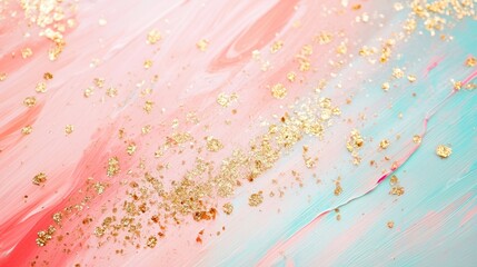 Pink gold grains are randomly scattered over a fluid paint surface creating a textured backdrop in soft pastel shades of mint and pink