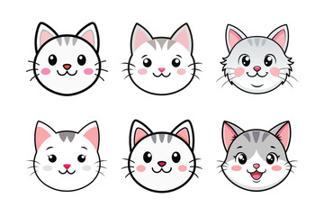 A vector set featuring six adorable cat faces with different expressions, pink cheeks, and soft details, ideal for designs