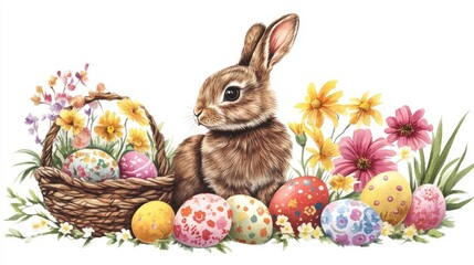 Easter card featuring a bunny colorful eggs and flowers with a basket of eggs set against a white backdrop ideal for social media wallpaper and backgrounds