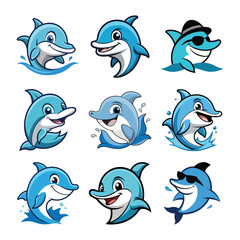 A vector set featuring nine playful dolphin characters with joyful expressions, sunglasses, and splashing water elements for fun designs © Nisat